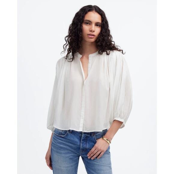 Madewell Shirred Balloon Sleeve Crewneck Button-Up Top Sz 2XS White Lightweight - Picture 1 of 8